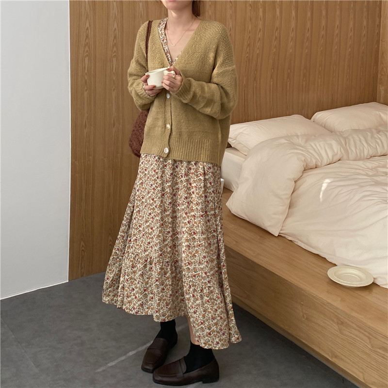 Spring Autumn Women Ladies Sleeve Boho V Neck Floral Print Robe Medium Long T-Shirt Dress T0D23C 210416