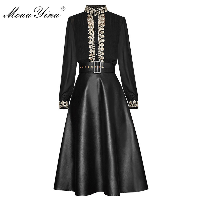 Fashion Designer Set Spring Women's Stand collar Long sleeve Embroidery Ruched Blouses Tops+Pu Skirt Two-piece set 210524, Black
Fashion Designer Set Spring Women's Stand collar Long sleeve Embroidery Ruched Blouses Tops+Pu Skirt Two-piece set 210524, Black