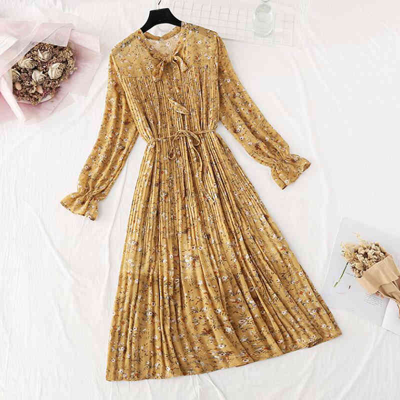 Floral Print Chiffon Dress Women Spring Summer Loose Long Sleeve Ruffles Pleated Long Dress Bow Vintage Femme Vestidos 210521