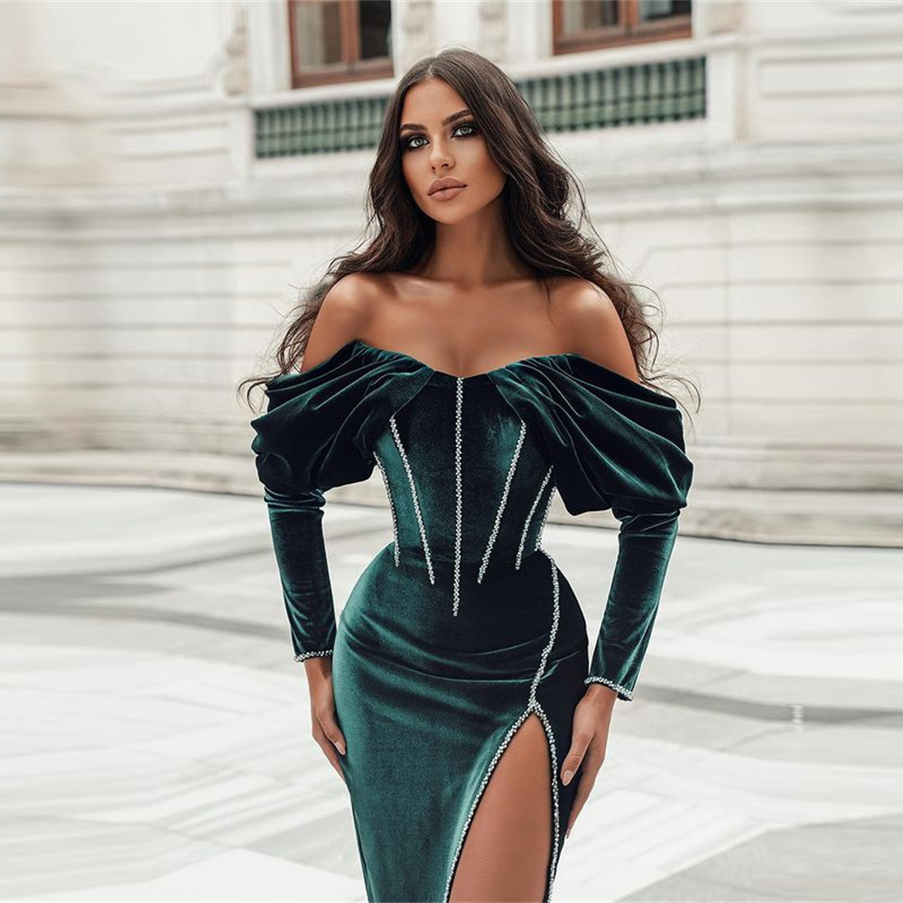 Luxury Mermaid Evening Dresses Designer Satin Beads Prom Dress Long-Sleeve High Slit Custom Made Formal Party Gowns Robe de mariée2021