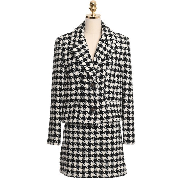 Autumn Two Piece Set Women Office Houndstooth Ladies Long Sleeve Tweed Jacket Coat+ Short Bodycon Skirt Suits 210519