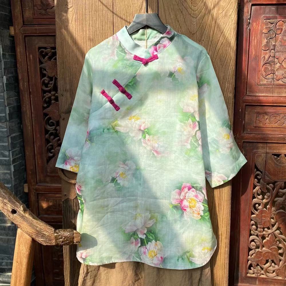 Johnature Women Ramie Vintage Shirts And Tops Stand Seven Sleeve Blouses Spring Button Print Floral Button Female Shirt 210521, Green
Johnature Women Ramie Vintage Shirts And Tops Stand Seven Sleeve Blouses Spring Button Print Floral Button Female Shirt 210521, Green