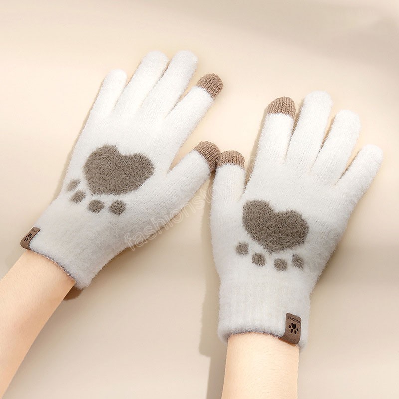 Winter Warm Soft Women Touch Screen Gloves Sweet Heart Print Fuzzy Full Fingers Gloves Cute Kawaii Female Knit Mittens