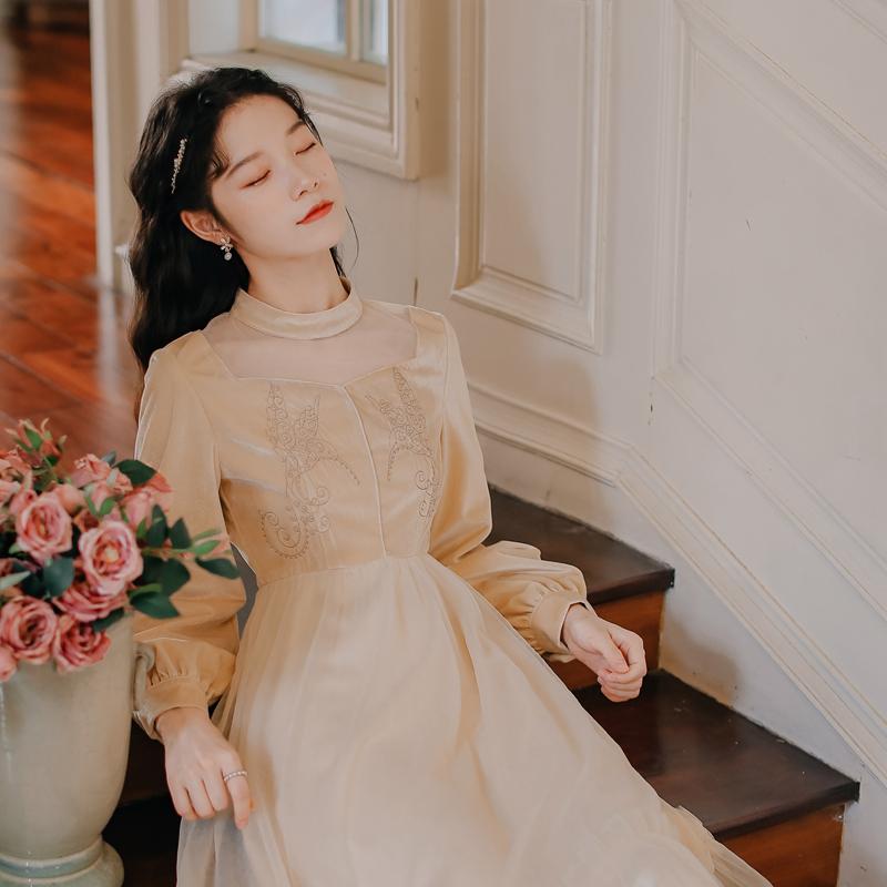 Fashion Women's Clothing Autumn Stand Vintage Full Mid-Calf Dresses Casual