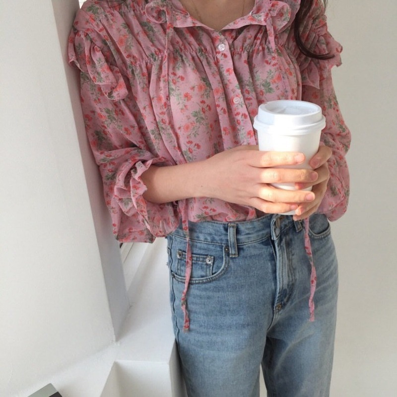 Long Sleeve Woman's Blouses Printed Wild Chiffon Blouse Autumn Korean Clothes Vintage Ruffled Pink Shirts Woman 10336 210427