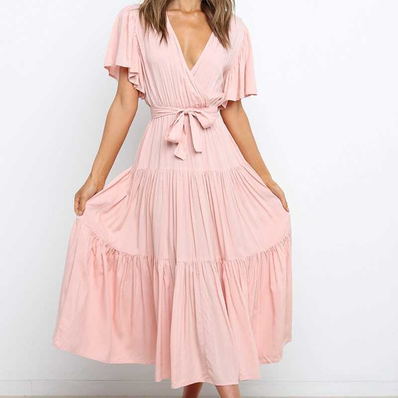 Ruffle Long Beach Dress Women Summer Floral Printed Boho Maxi es With Belt Female A Line Butterfly Short Sleeve Party 210526