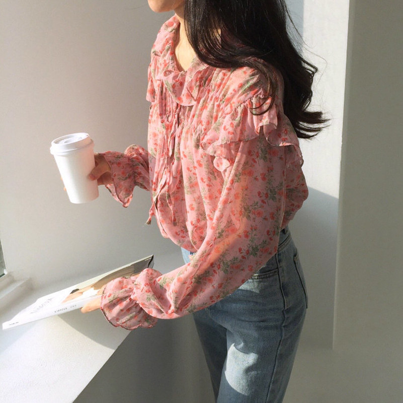 Long Sleeve Woman's Blouses Printed Wild Chiffon Blouse Autumn Korean Clothes Vintage Ruffled Pink Shirts Woman 10336 210427