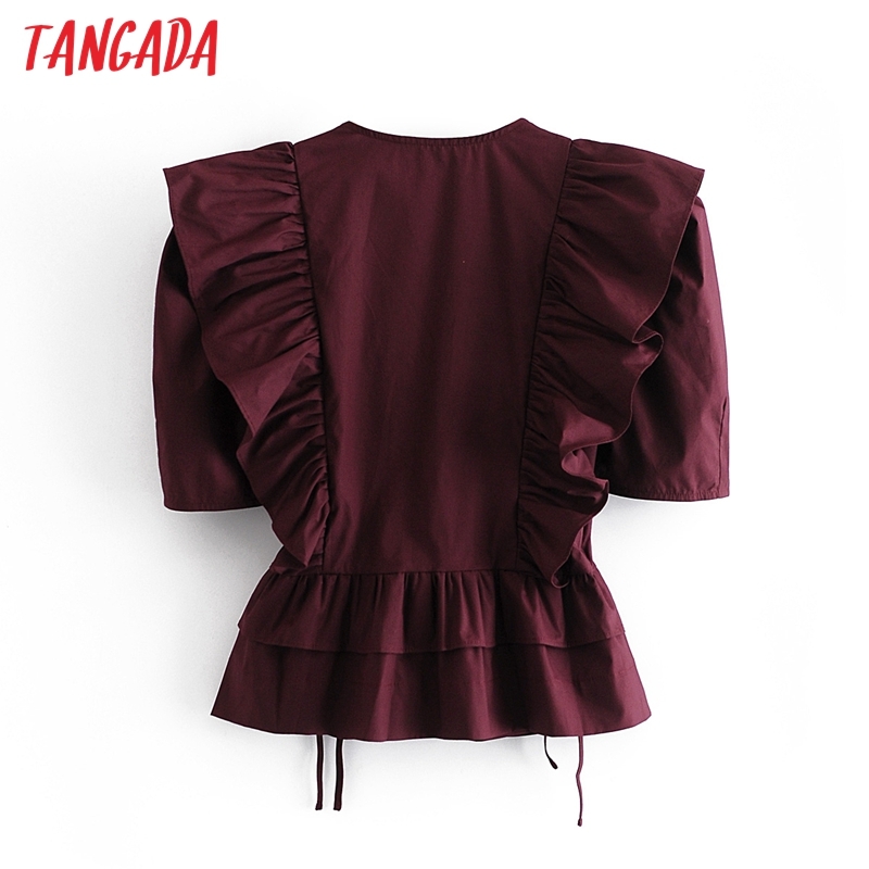 Women Retro Wine Red Ruffles Crop Bow Short Sleeve Summer Chic Female Shirt Tops 3W138 210416