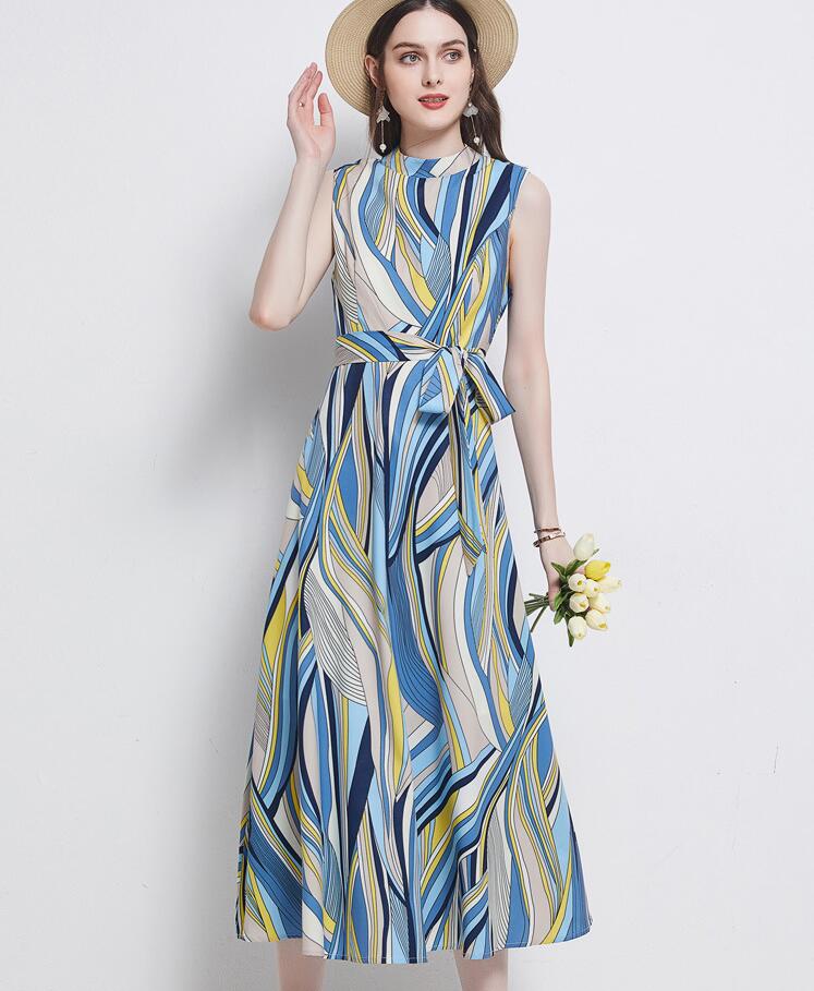 Women's summer skirts stand-up collar striped lace-up dresses long skirt sleeveless, As the picture
Women's summer skirts stand-up collar striped lace-up dresses long skirt sleeveless, As the picture