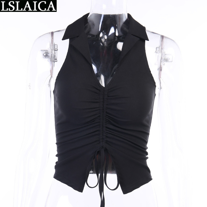 Drop Tank Top Black Rib Knit Drawstring Elegant Shirts Ruched Sport Fitness Turn-down Collar Sleeveless Chic Women 210515