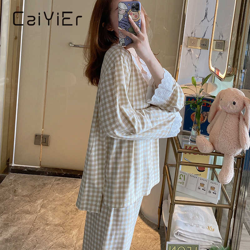 CAIYIER Women Grid Pajamas Set Princess Sweet Fashion Cute Sleepwear Sexy Lace Long Sleeve Pant V-Neck Loose Homewear 2Piece/Set 210924