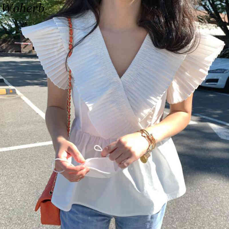 Ruffle Patchwork Flying Sleeve Shirt Lady OL Brief Chic Blouse Stylish Femme All Match White Shirts Sexy Streetwear 210519