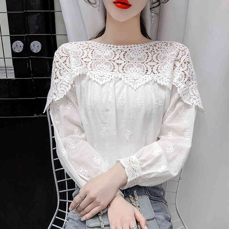 Cotton White Shirts For Women Vintage Embroidery Hollow Out Lace Shirt Tops Female Loose Office Casual Blouses Blusas 13293 210508