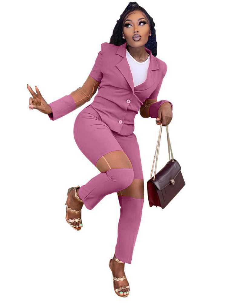 Fashion Women Suits Office Sets Elegant Turn Down Neck Long Sleeve Blazer Patchwork Pant Lady Set 210930