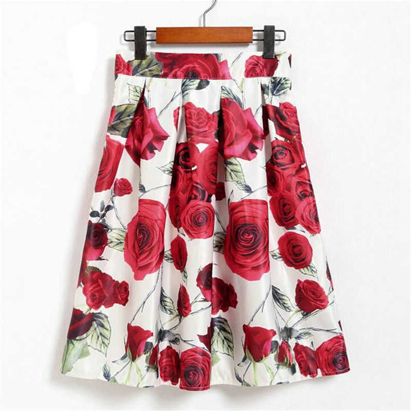 Neophil Fashion Tropical Floral Print High Waist Fluffy Pleated Saias Flare Satin Tutu Midi Skater Skirts Womens S07047 210619