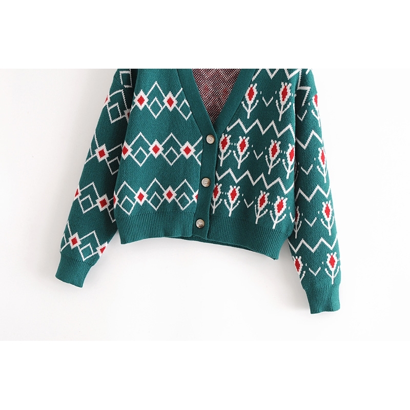 Fall Winter Women Vintage College Style Green Jacquard Loose V-neck Short Knit Cardigan Sweater Coat Top Sueter Mujer 210508