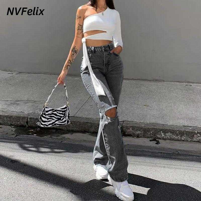 Ripped High Waist Jeans Women Straight Leg Loose Boyfriend Jean Pants Casual Wash Denim Trousers Fashion Streetwear Baggy 210922