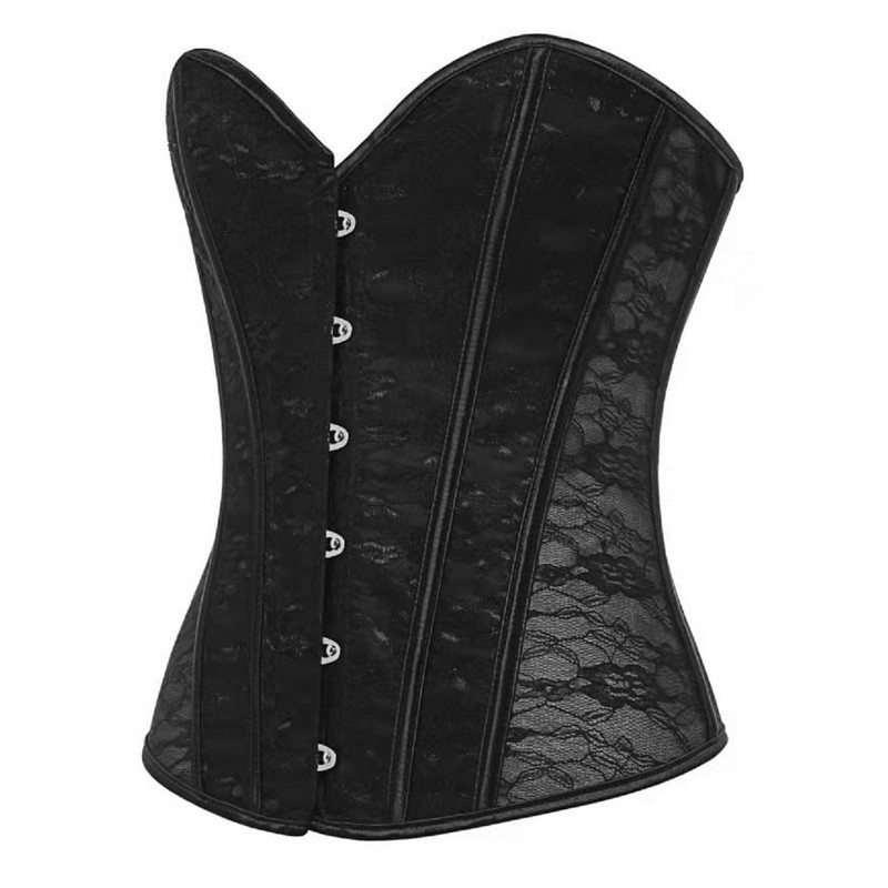 Women Lace and Mesh Overbust Lace-up Bustier Corset Fashion Steampunk Gothic Corselet Plastic Boned XS-3XL White Bridal Gorset