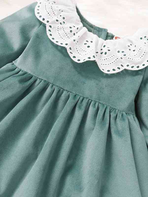 Baby Eyelet Embroidery Scallop Trim Button Back Velvet Dress SHE