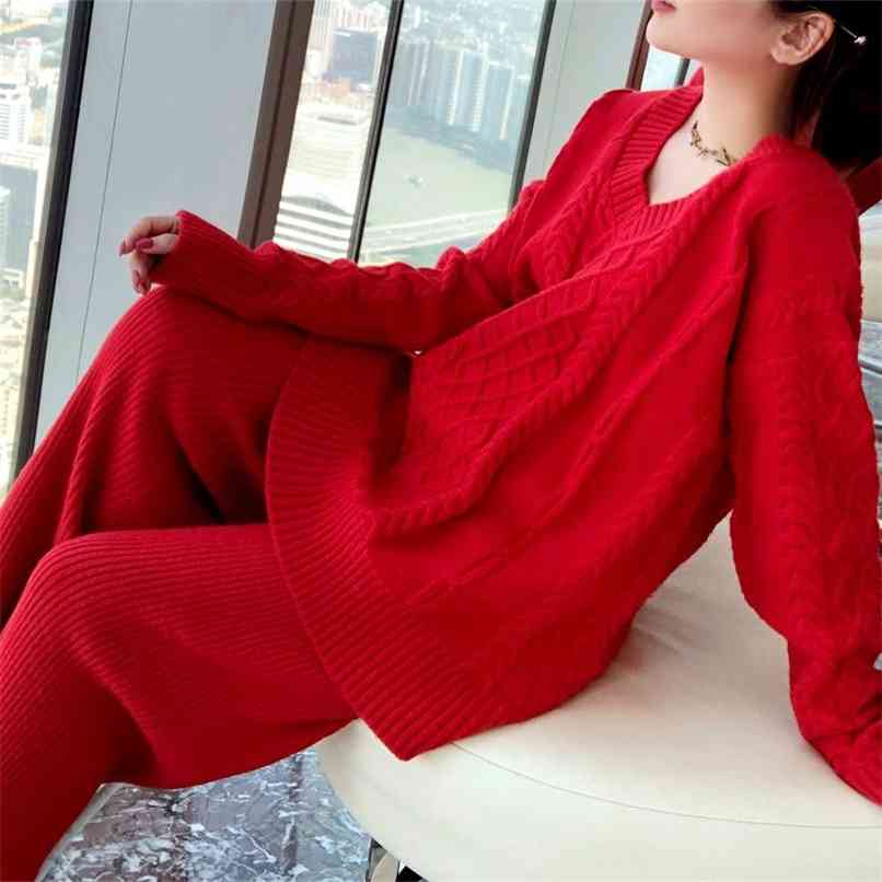 Fashion women' suit autumn and winter temperament sweater V-neck lazy style knitted pants two-piece 210520, Red
Fashion women' suit autumn and winter temperament sweater V-neck lazy style knitted pants two-piece 210520, Red
