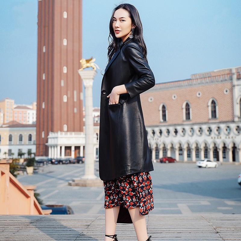 Style Women OL Real Leather Jacket Single Button Suit Collar Sheepskin Coat Brand Fashion Slim Three Quarter Sleeve Outerwear Women's & Faux