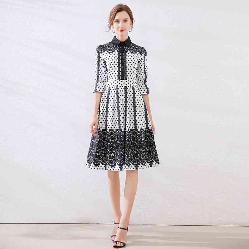 spring summer dresses for women polka dot printed turn down collar A-line high waist knee length 210421