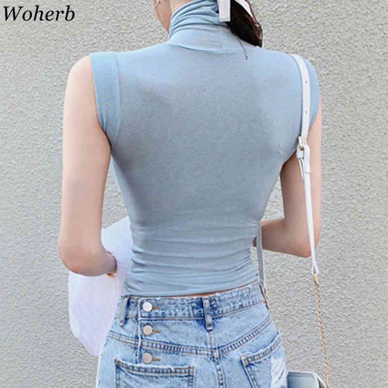 Woman Tshirts Korean Fashion See Through Shirts Sexy Lady Turtleneck Slim Sleeveless Tees Temperament Female Tops 210519