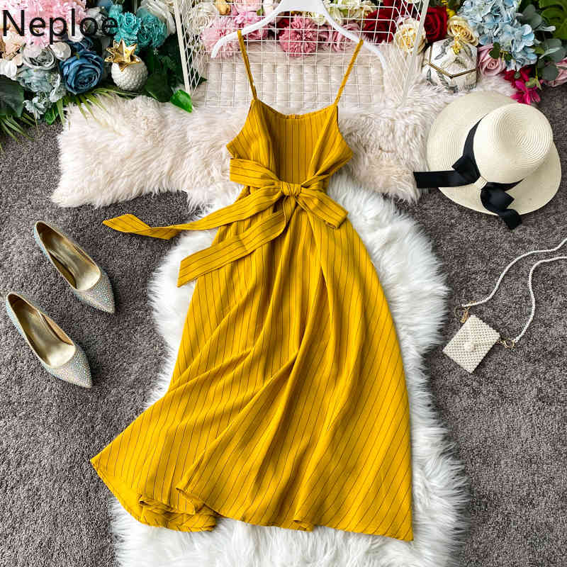 Summer Holiday Beach Sleeveless Camis Dress High Waist Hip Striped A Line Vestido Slim Lace Up Bow Ropa 210422