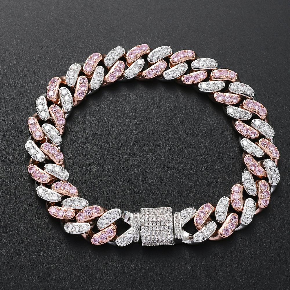 Wolf Tide Fashion Charms Hip Hop Cuban Link Chain Bracelet Mens Iced Out Pink Crystal cz Zircon Bangle Jewelry for Men Women Curb Chains Bracelet Part