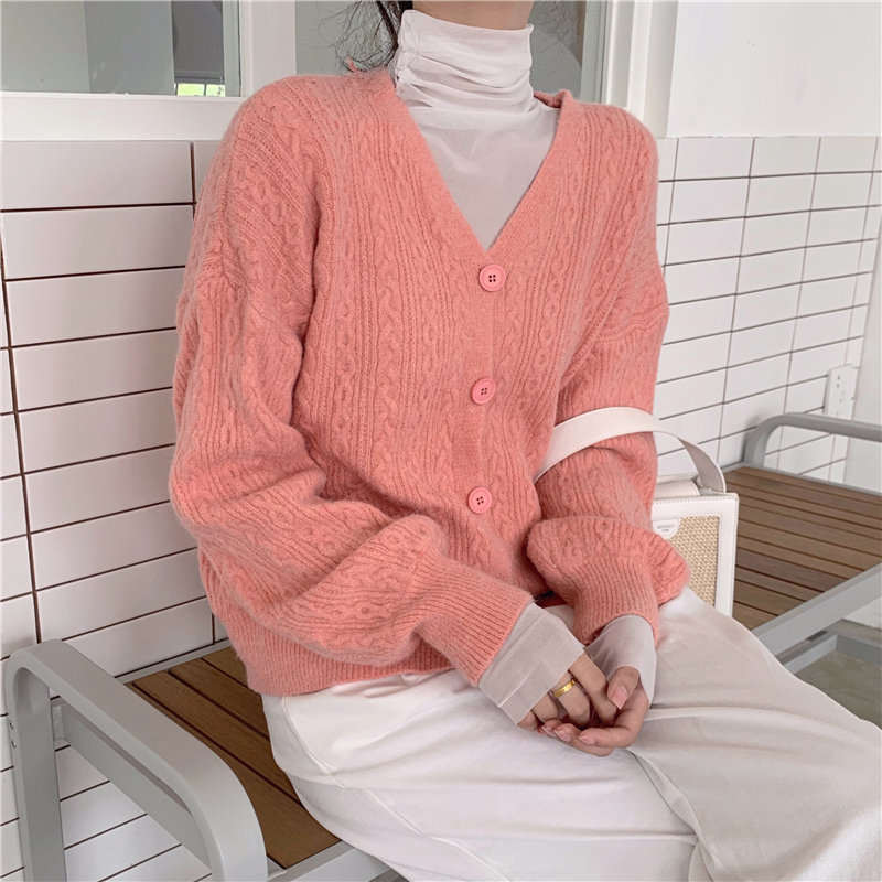 Elegant Women V-Neck Gentle Cute Chic All-Match High Quality Fashion Knitted Lantern-Sleeved Cardigans Sweater 210421