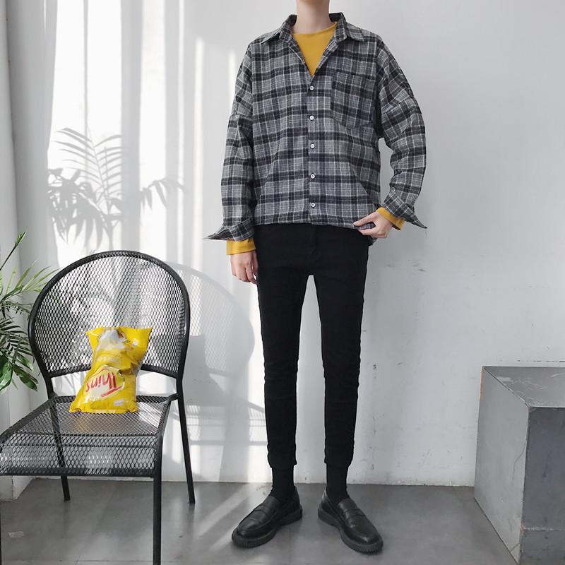 Stylish Men's Plaid Long Sleeve Slim Shirt Casual Black/Yellow French Cuff