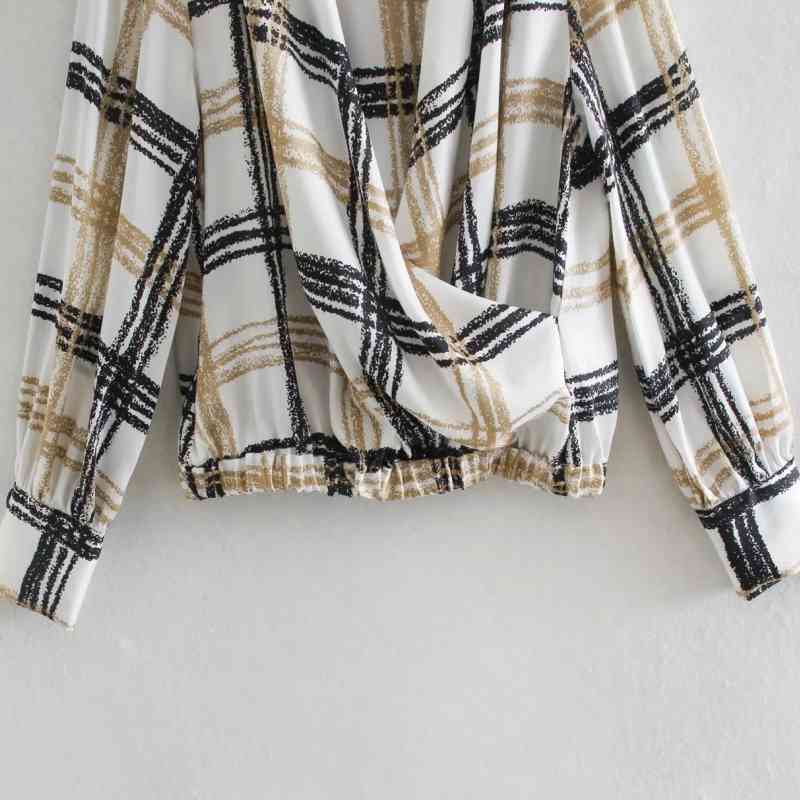 Spring Women Cross V Neck Loose Blouse Plaid Smock Female Long Sleeve Shirt Office Lady Tops Blusas S8399 210430