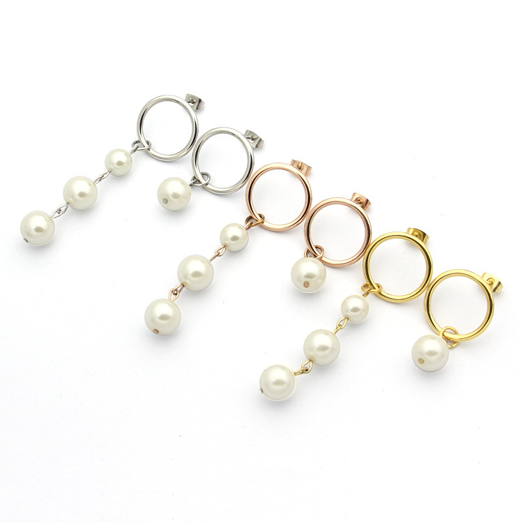 fashion Stainless steel asymmetrical three pearl earrings women's circle earrings