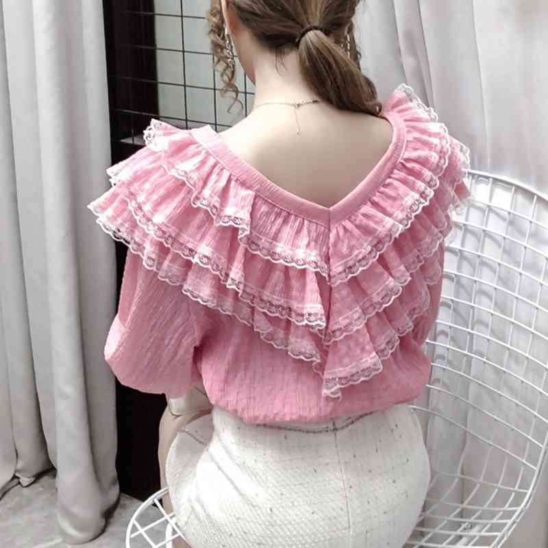 Wonder Spring Fall Korean Style Blouse Sexy Beading Patchwork Lace Ruffles Tops Ropa Mujer Flare Sleeve Shirts 210510