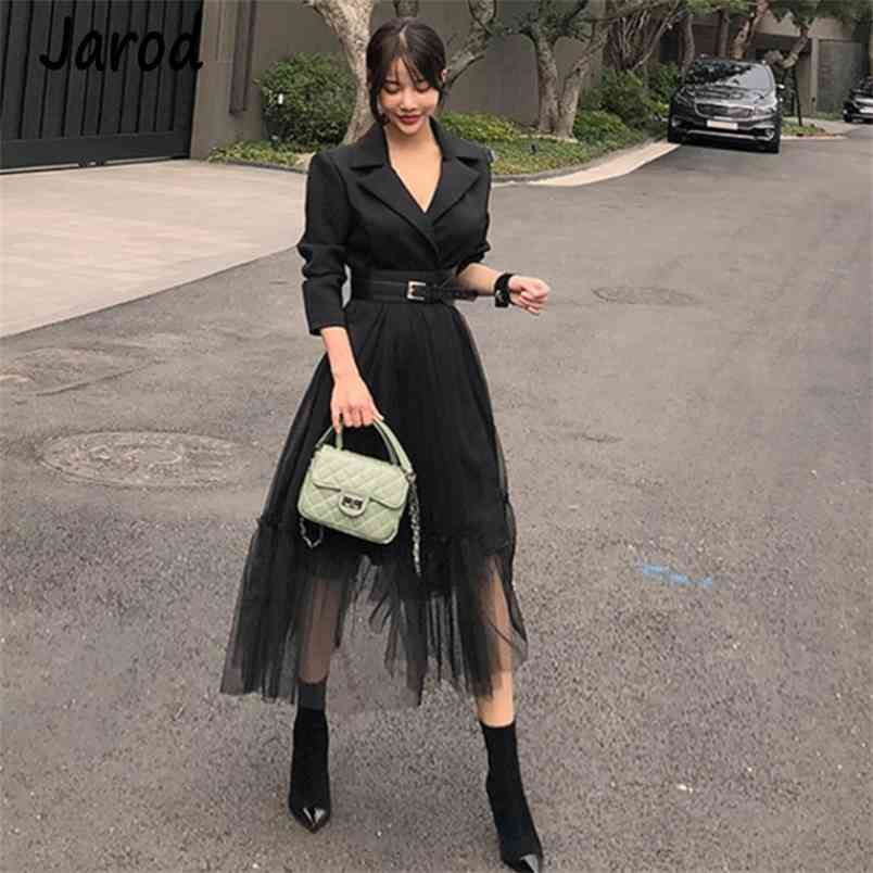 Elegant Blazer Dresses Spring Casual Mesh Patchwork Notched Collar Long Sleeve With Belt Midi Big Swing Vestidos 210519