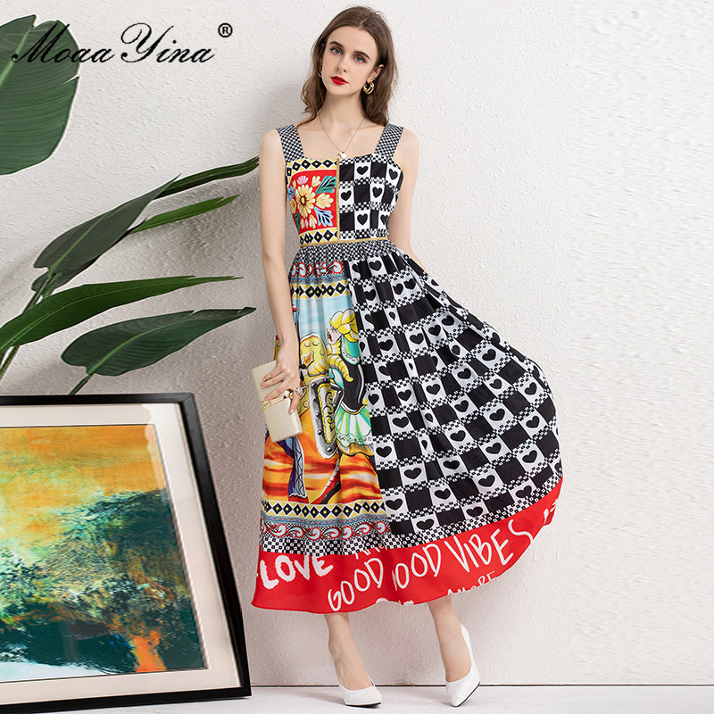 Summer Fashion Vintage Spaghetti Strap Dresses Women's High waist Bead Floral print Sleeveless Elegant Midi Dress 210524