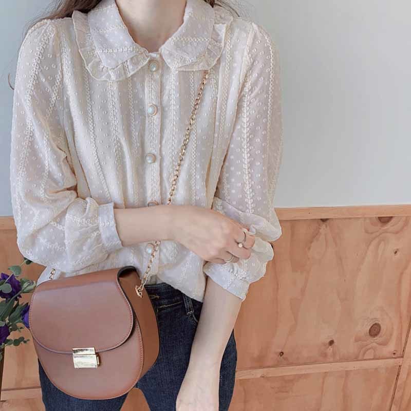 Autumn Solid White Tops Fairy Office Lady Clothing with Button Blusas Chiffon Blouse Women Long Sleeve Shirt 10351 210518
