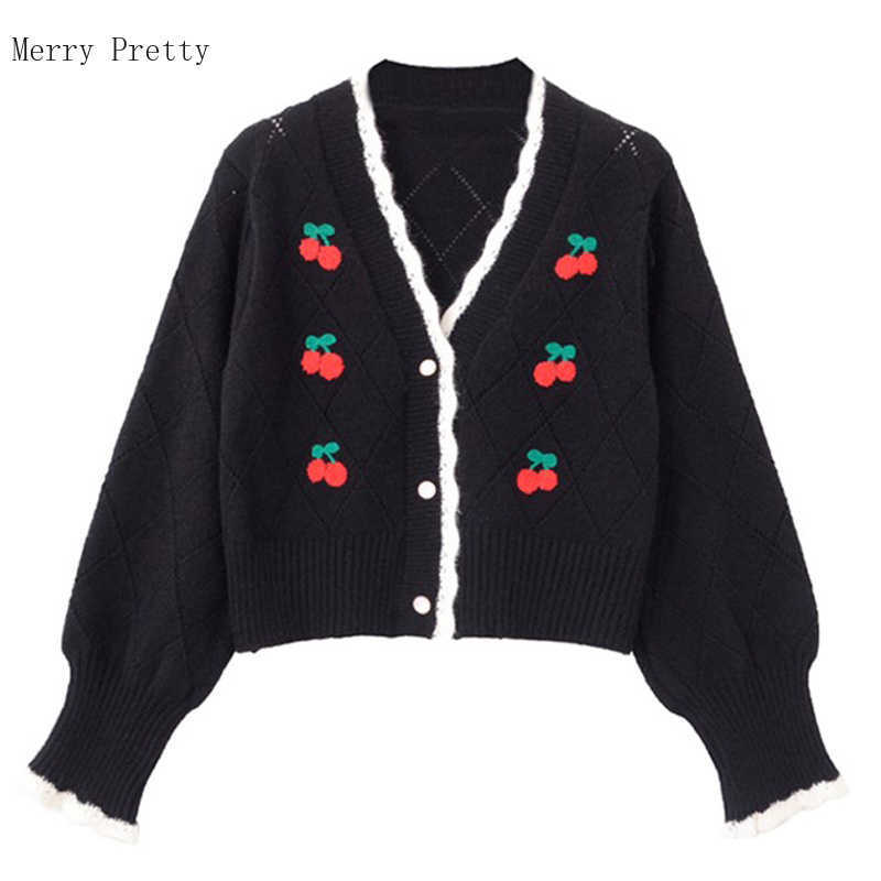 Cherry Embroidery Korean Women Short Knitted Pullover Sweaters Summer Long Sleeve V-neck Casual Sweet Style Girly Crop Top 210812