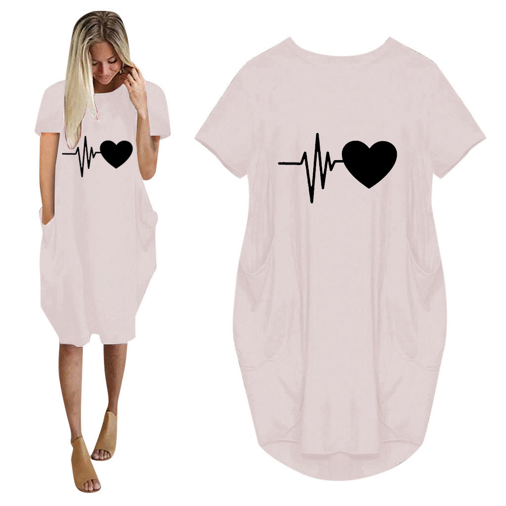 Women T-shirt Dress Casual Love Print Loose With Pockets Fashion O Neck Short Sleeve Long Tops Female Street Plus Size 5XL 210522