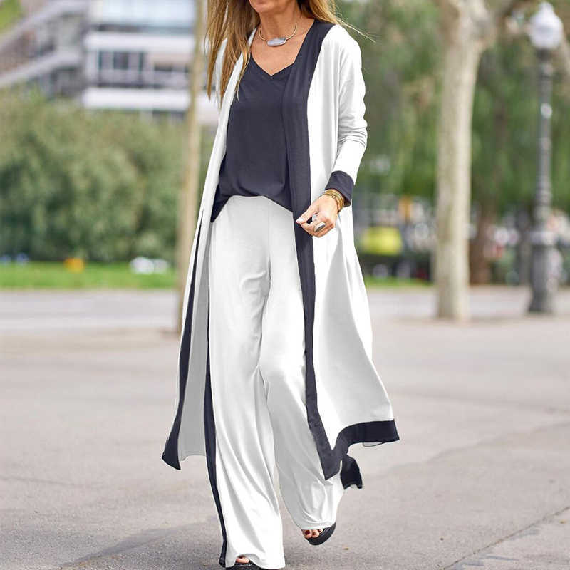Casual Women Long Cardigan & Sling Tops Loose Pants Sets Elegant Patchwork Lady Outfits Suits Fashion Femme 3Pc Steetwear 210930