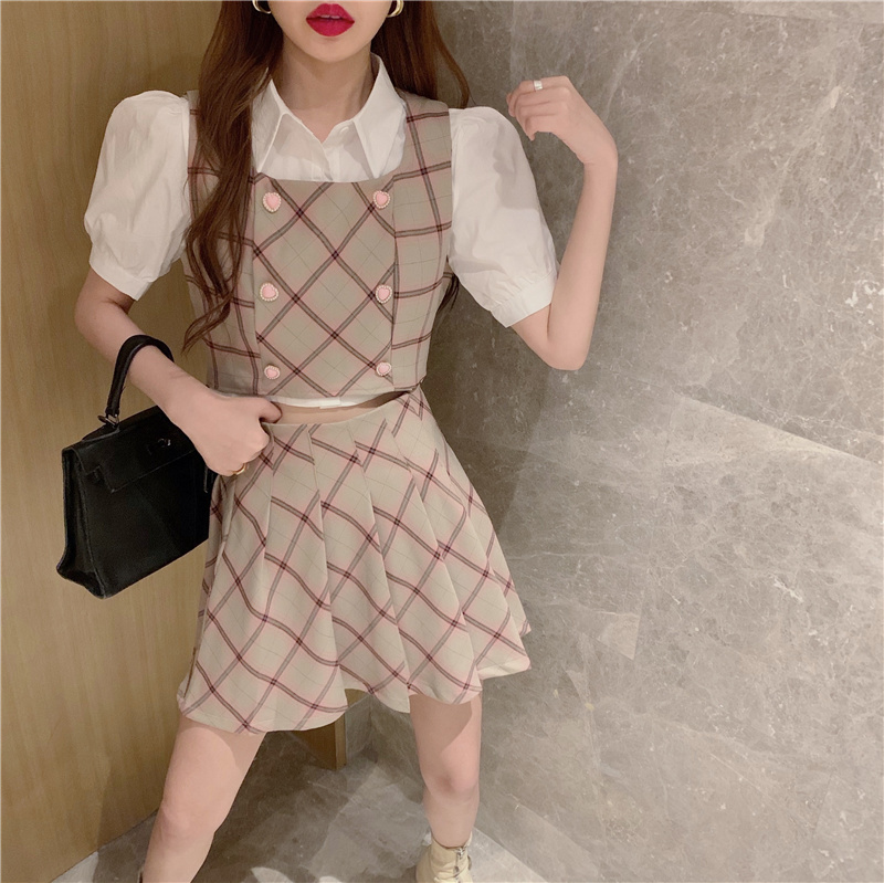 Summer 3 Piece Set Women Sweet White Puff Sleeve Short Shirt + Plaid Double Breasted Vest High Waist Pleated Mini Skirts 210519