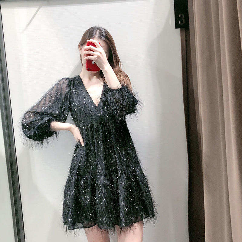 Women Mini Long Sleeve V Neck Solid Tassel Party Casual Loose Pleated Short Stylish Female Christmas Dress 210414