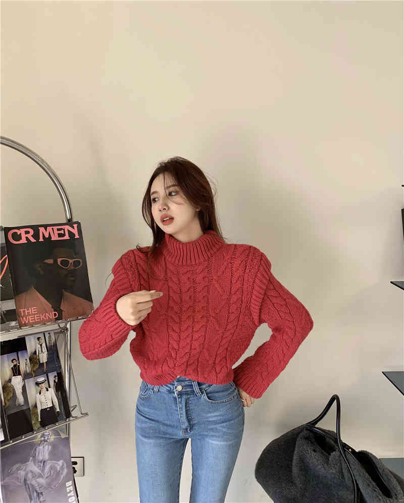 womens knitted Sweater Autumn and winter loose korean style female Soild Color red Sweaters and pullovers womens (R99516) 210423