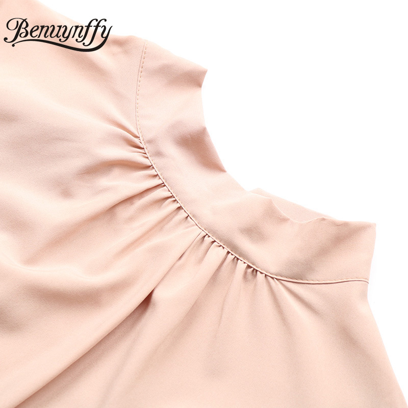 Mock Neck Bow Back Solid Pleated Asymmetrical Dresses Spring Women Highstreet Long Sleeve Female Casual High Low Dress 210510