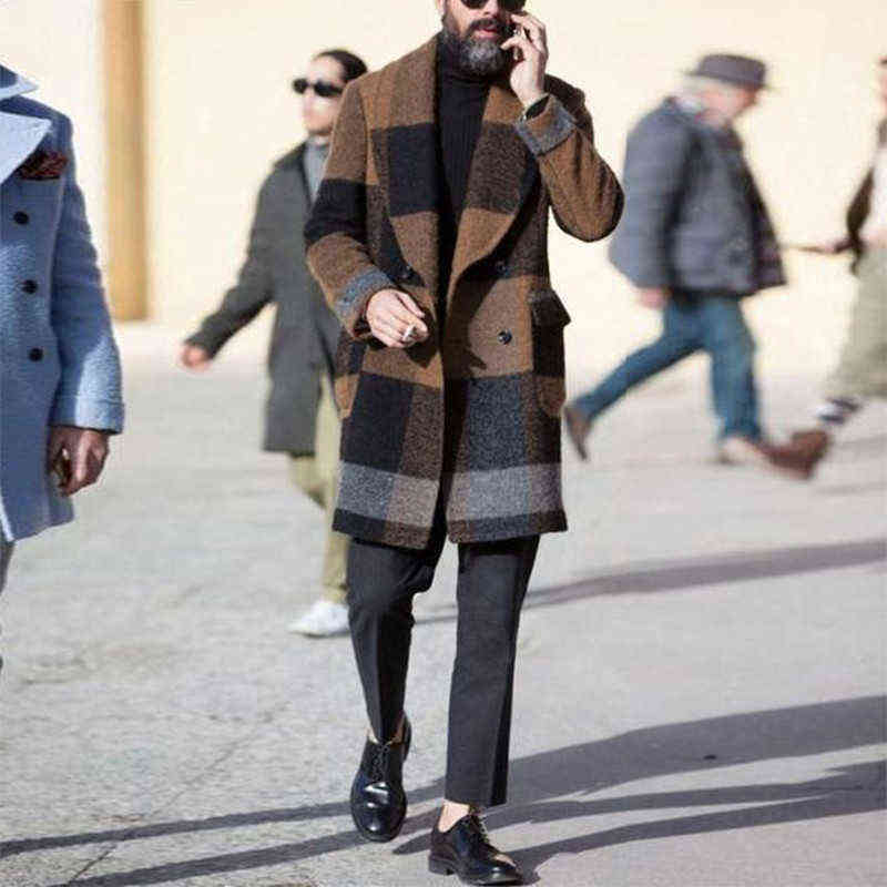 Mens Autumn Plaid Woolen Coats Casual Fashion Mid-length Overcoats Winter Elegant Male Lapel Open Stitch Size S-3XL 211122