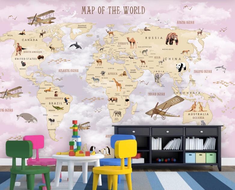 Custom wallpaper world map background wall decoration children's room map hot air balloon background 3d wallpaper mural
