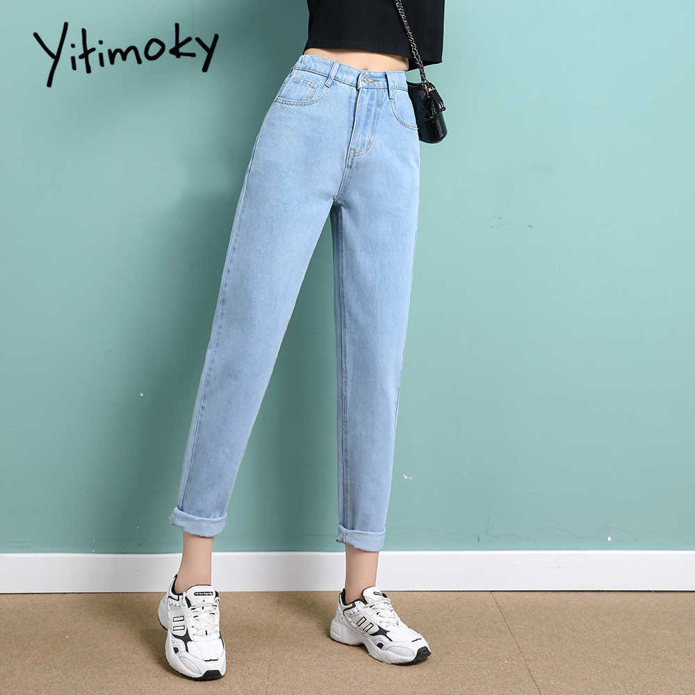 Yitimoky High Waist Jeans Woman Straight Sky Blue Denim Pants Plus Size Elastic Washed Casual Vintage Streetwear Mom Women 210922