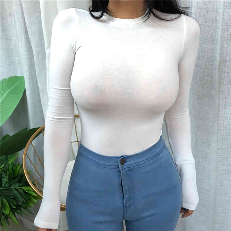 Thin Summer Top Sexy T Shirt Women Elasticity T-Shirt Korean Style Woman Clothes Slim Tshirt Female Casual Long Sleeve Tops 210406