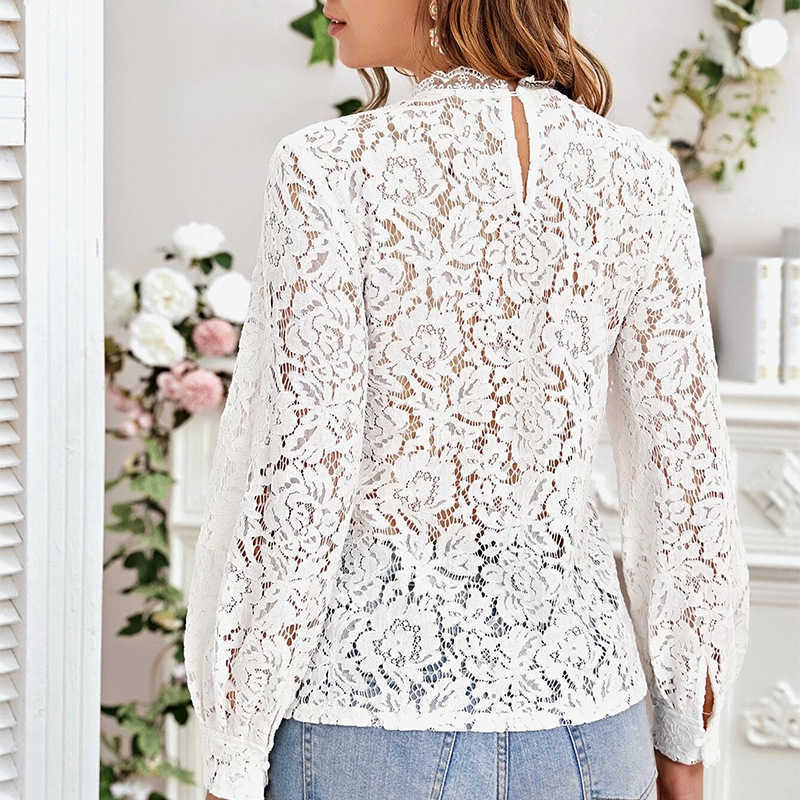 Elegant Women Blouse Casual O-Neck Long Sleeve Lace Hollow Out Spring Autumn Office Lady Blouses W268 210526