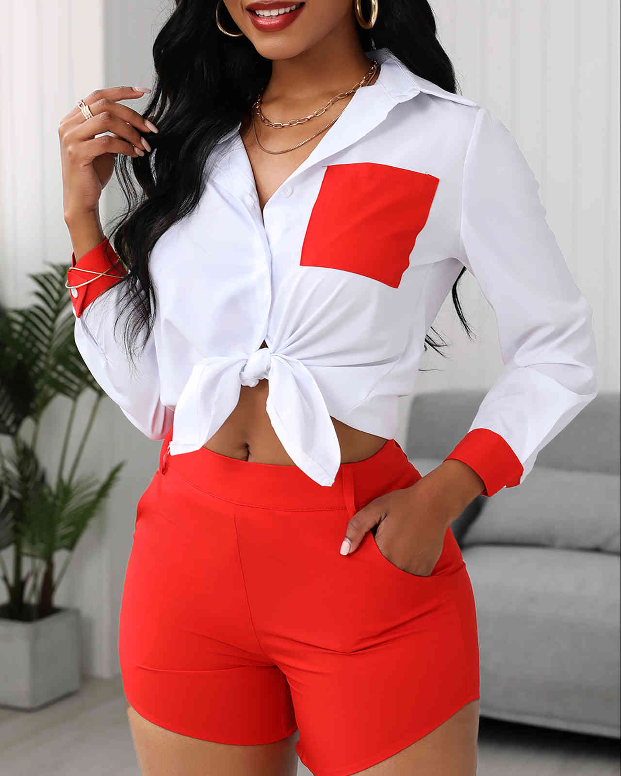Summer Women Colorblock Tie Front Top & Shorts Set New Femme Casual Turn- down Collar Long Sleeve Shirt & Pants Sets 210415